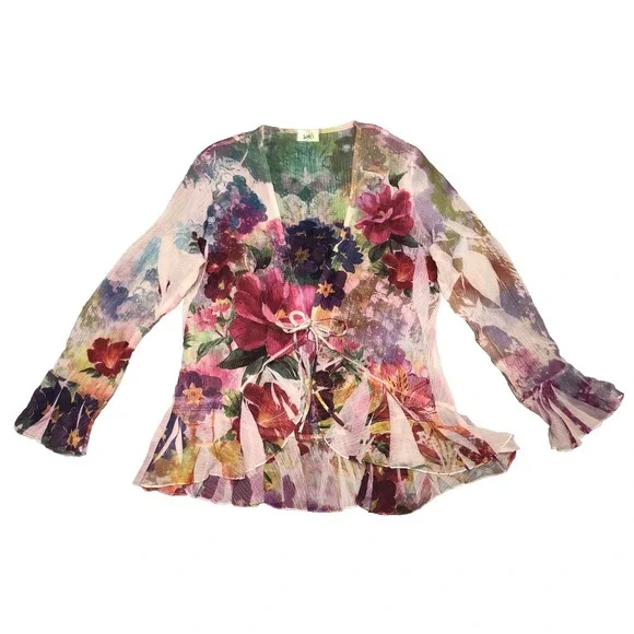 180 Degrees Blouse Women's M Floral Crinkle Tie Front Ruffe Fairy Whimsigoth Y2K - Picture 3 of 8